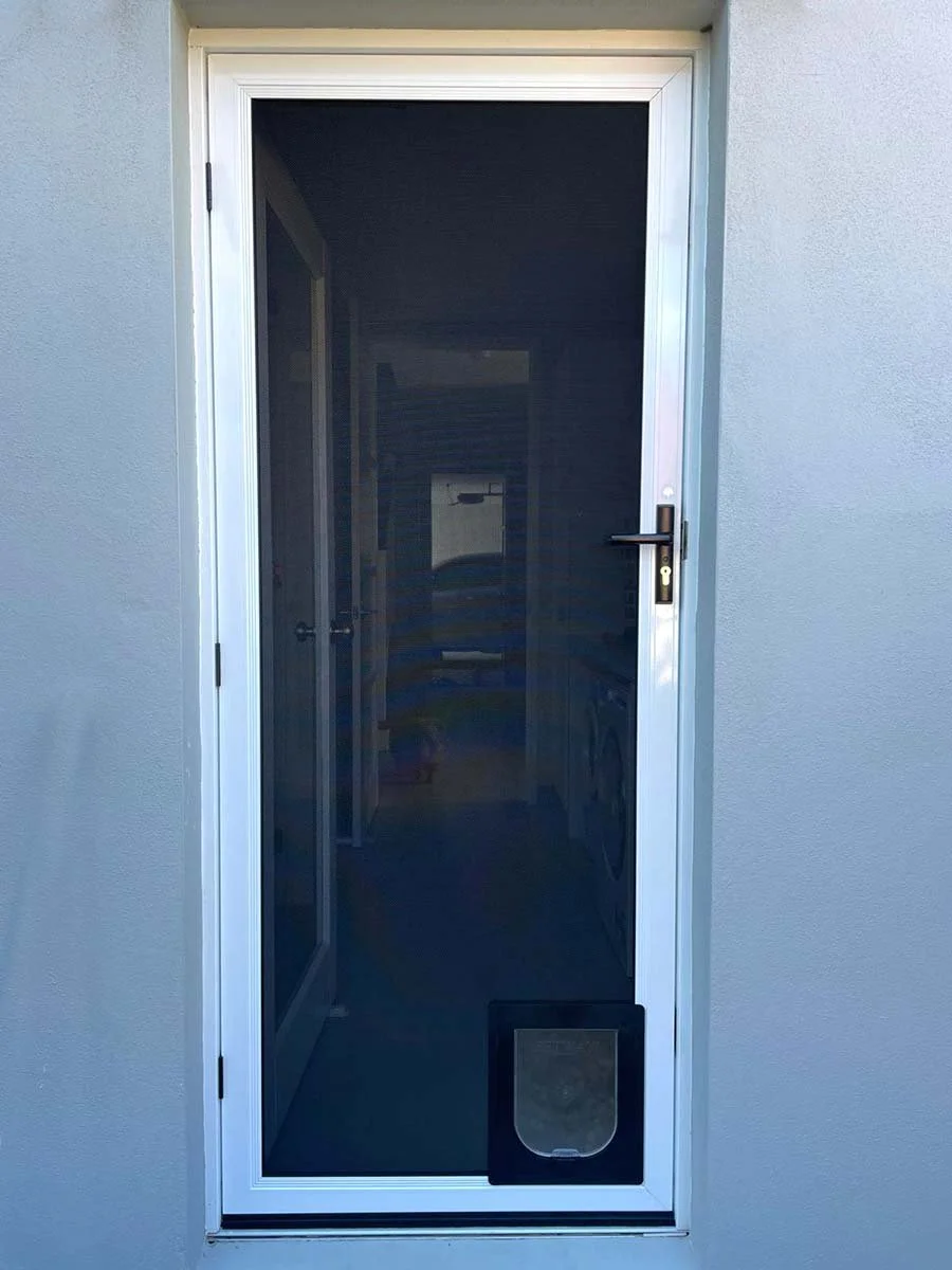A white-framed Screenguard security door with a black pet door at the bottom, leading inside a Currumbin home.