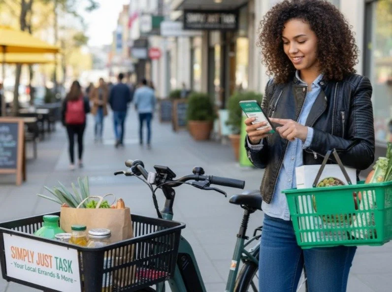 A woman with curly hair in a leather jacket and blue shirt standing next to an electric bike with front basket on city sidewalk shopping for groceries, looking at her smartphone, with a green basket full of groceries.