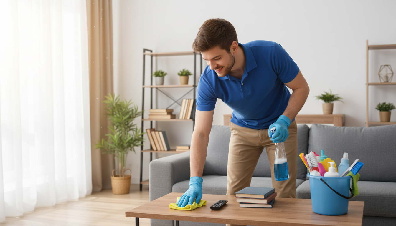 A man wearing blue gloves is cleaning a wooden coffee table with a yellow cloth in a living room, holding a spray bottle in his right hand.
