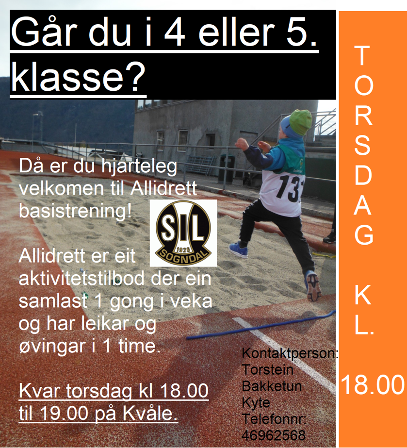 Allidrett basistrening for 4. og 5. klassingar Torsdagar kl 18-19 på Kvåle