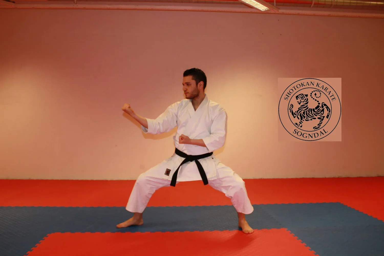En mann i hvit karateuniform som står i en kampposisjon på en dojo med grått mattesetegulv og beige vegg. Logo for Shotokan Karate Sogndal er synlig på veggen.