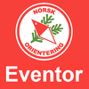 Logo for Norsk Orientering med teksten 'Eventor' på rød bakgrunn