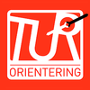 Rød bakgrunn med hvit logo av en løkke og en pil som peker oppover, med teksten 'ORIENTERING'.
