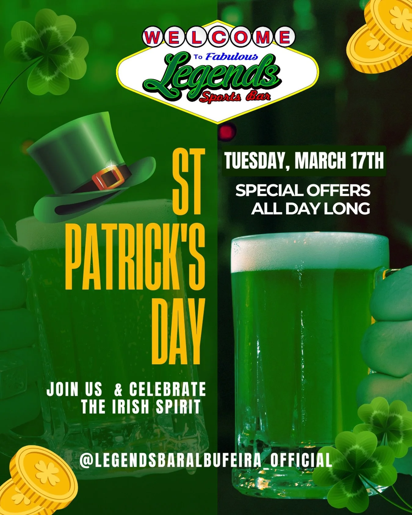 🍀 St. Patrick&rsquo;s Day at Legends! 🍀

Join us on Tuesday, March 17th to celebrate the Irish spirit the way it should be &mdash; with great vibes, special offers and a legendary atmosphere all day long.

We&rsquo;re open from 9:30 AM until 4:00 A