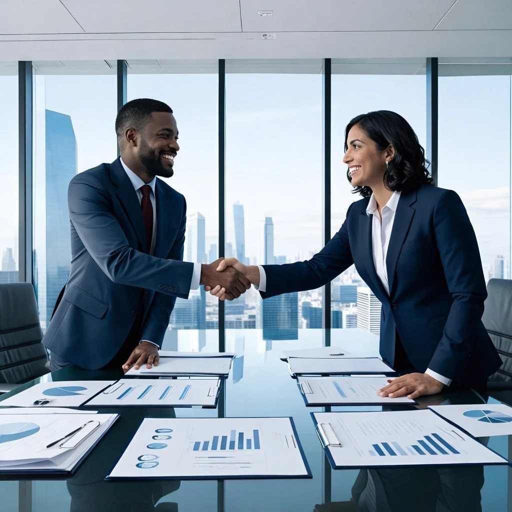 Two professionals, a man and a woman, shaking hands in a modern office with a city skyline in the background. The table in front of them has documents with charts and graphs. Business stabilized. happy clients