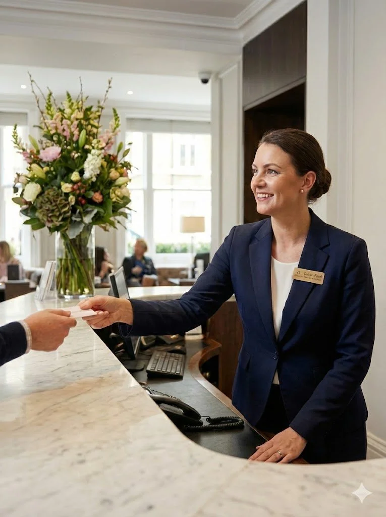 A woman in a navy blazer with a name tag hands a card to a guest at a hotel reception desk with a large bouquet of flowers in the background.