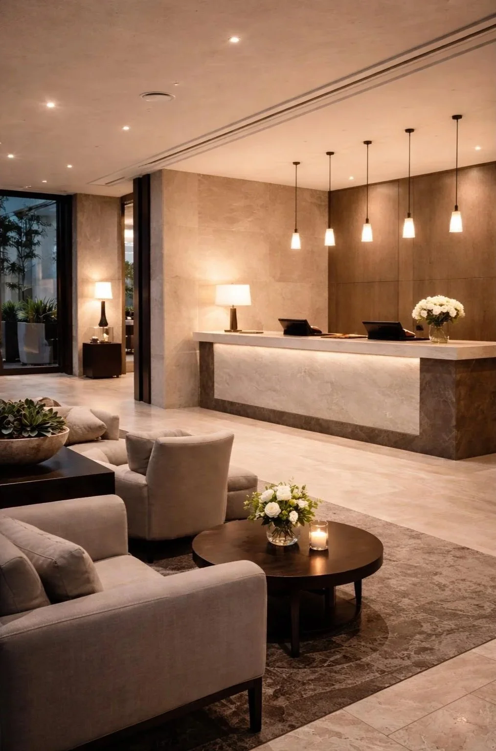 A hotel lobby with beige and brown tones, a reception desk with glass phones, pendant lights hanging from the ceiling, a sitting area with beige armchairs and a dark wooden coffee table with a floral arrangement and candle, and a background with a large window and indoor plants.