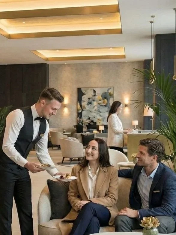 A waiter serving dessert to a smiling woman and man sitting on a sofa in a modern, elegant restaurant.