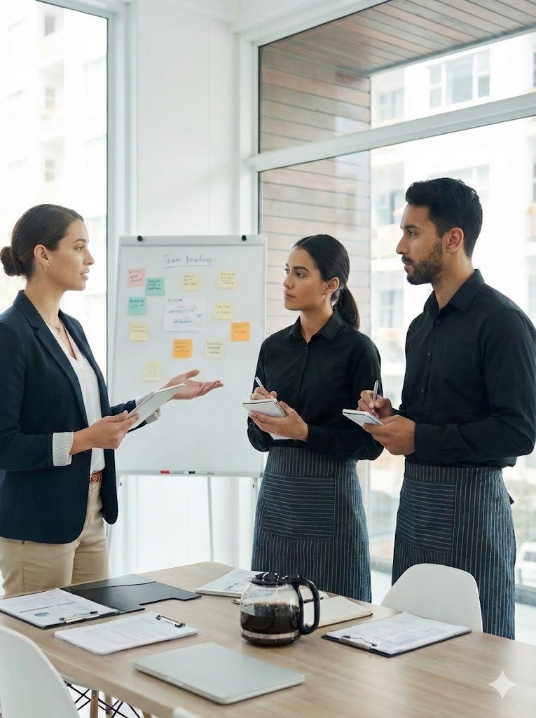 Three professionals having a discussion in a modern conference room, with a whiteboard covered in sticky notes behind them and notebooks, a laptop, and a coffee pot on the table. brief and deploy