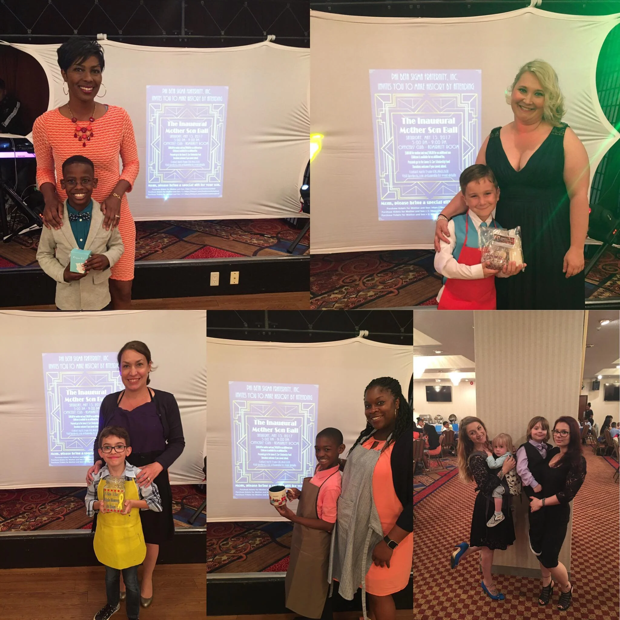 Group photo of people at a Mother Son Ball event, with a screen displaying event information in the background. The photo features adults and children dressed in formal attire, smiling and posing for the camera.