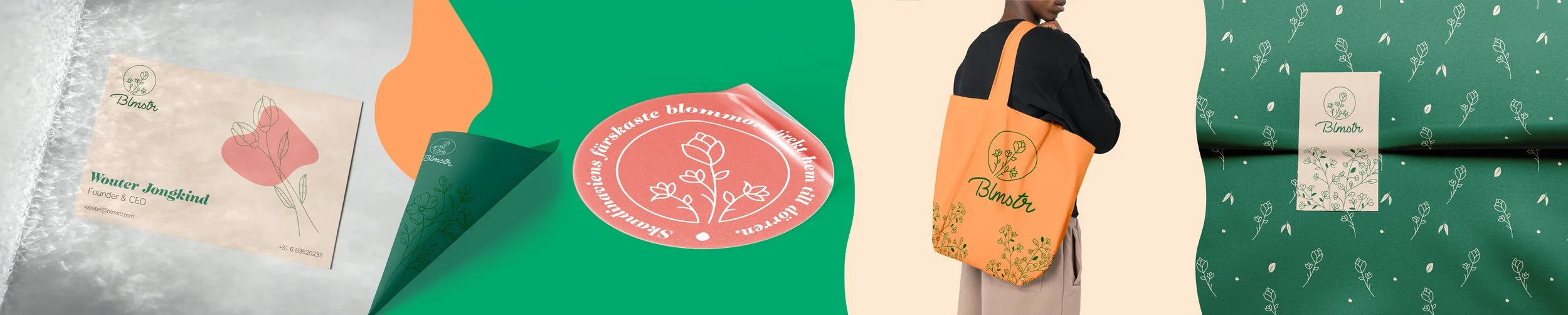 Collage of branding materials for "Blomst" including a business card, sticker, tote bag, and wrapping paper, all featuring floral designs and the brand's logo.