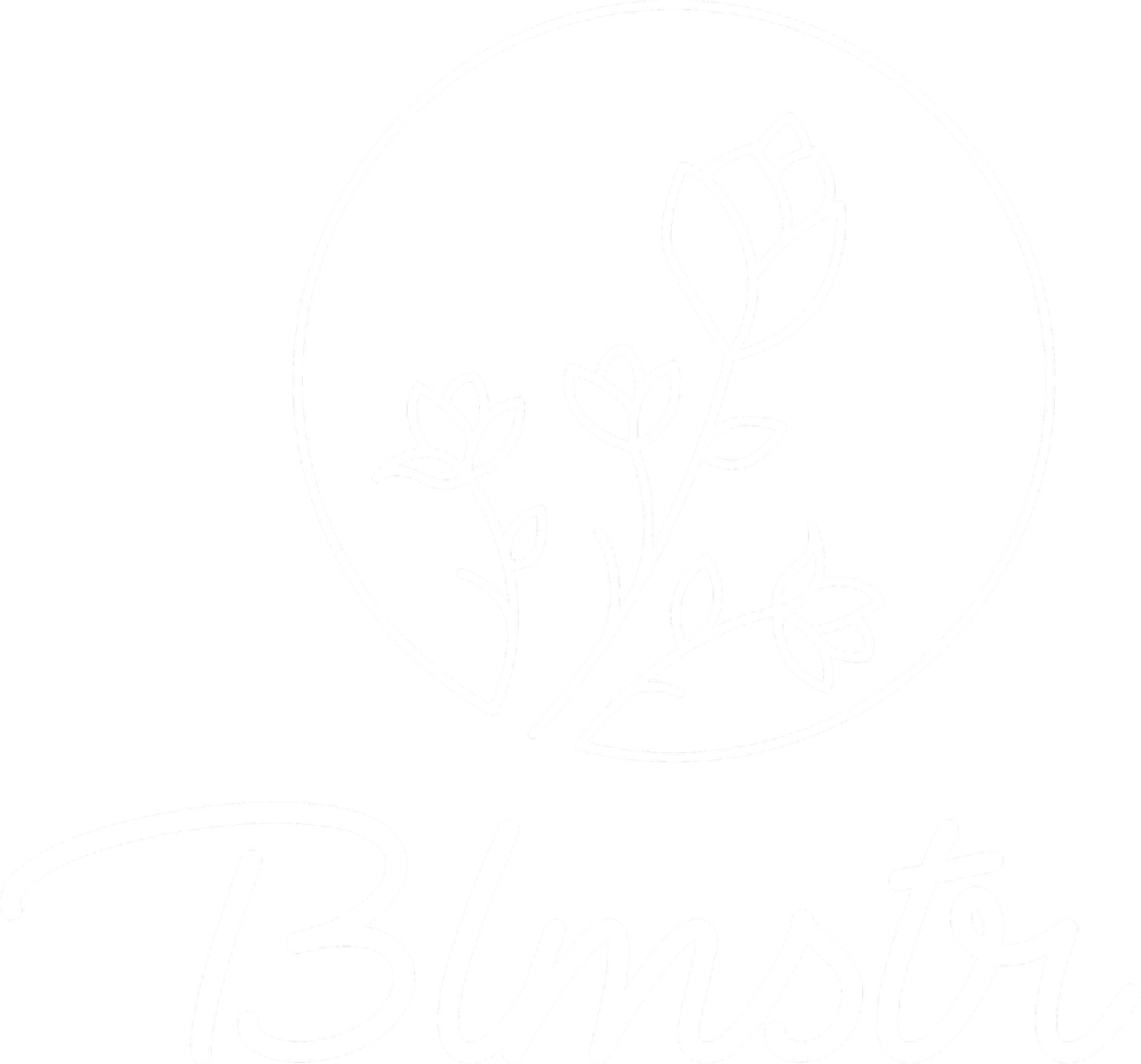 Minimalist floral logo with the text 'Blmstr' and a line drawing of a flower inside a circle.