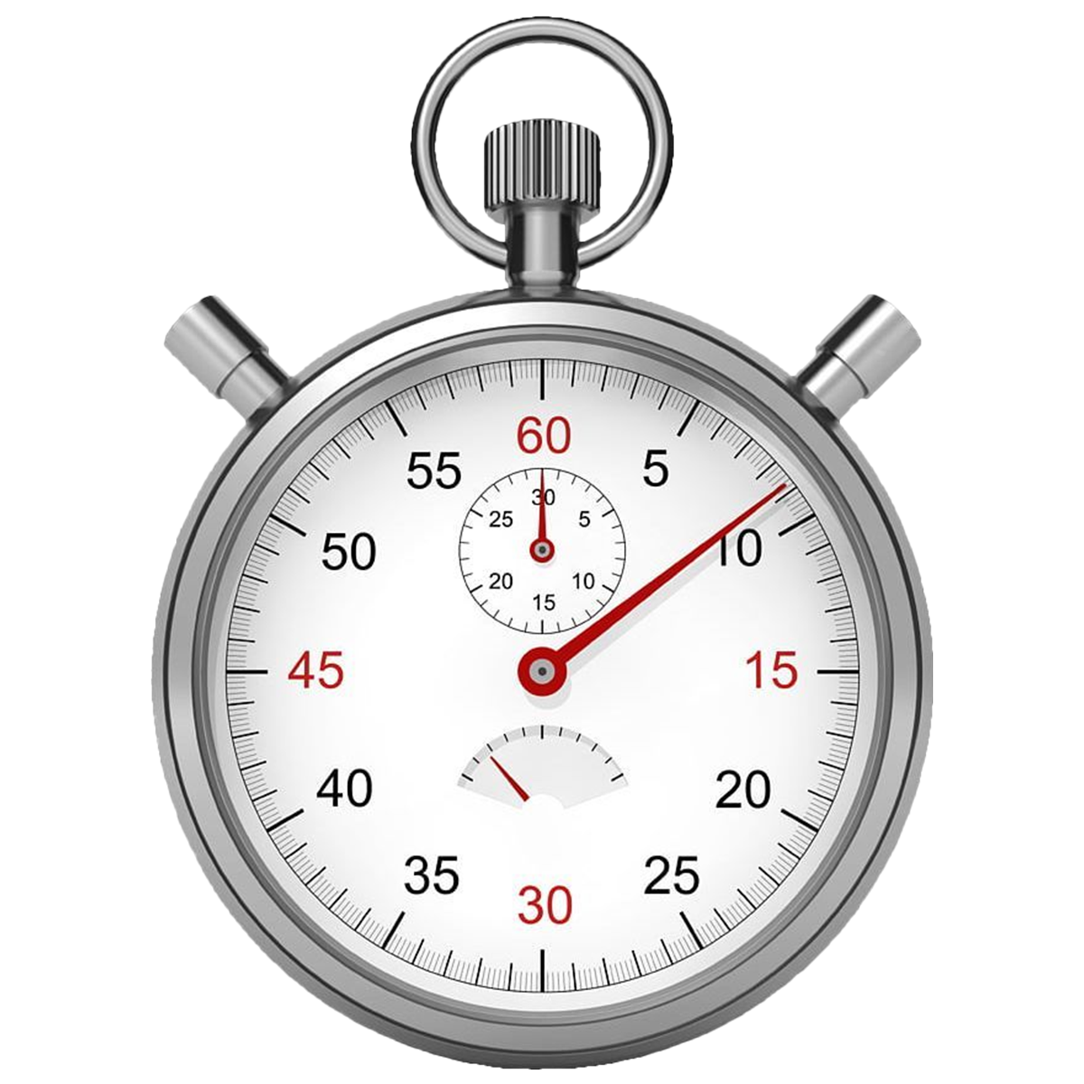 Silver stopwatch with a white face showing approximately 9.10 seconds, black and red numbers, and black and red hands, against a black background.