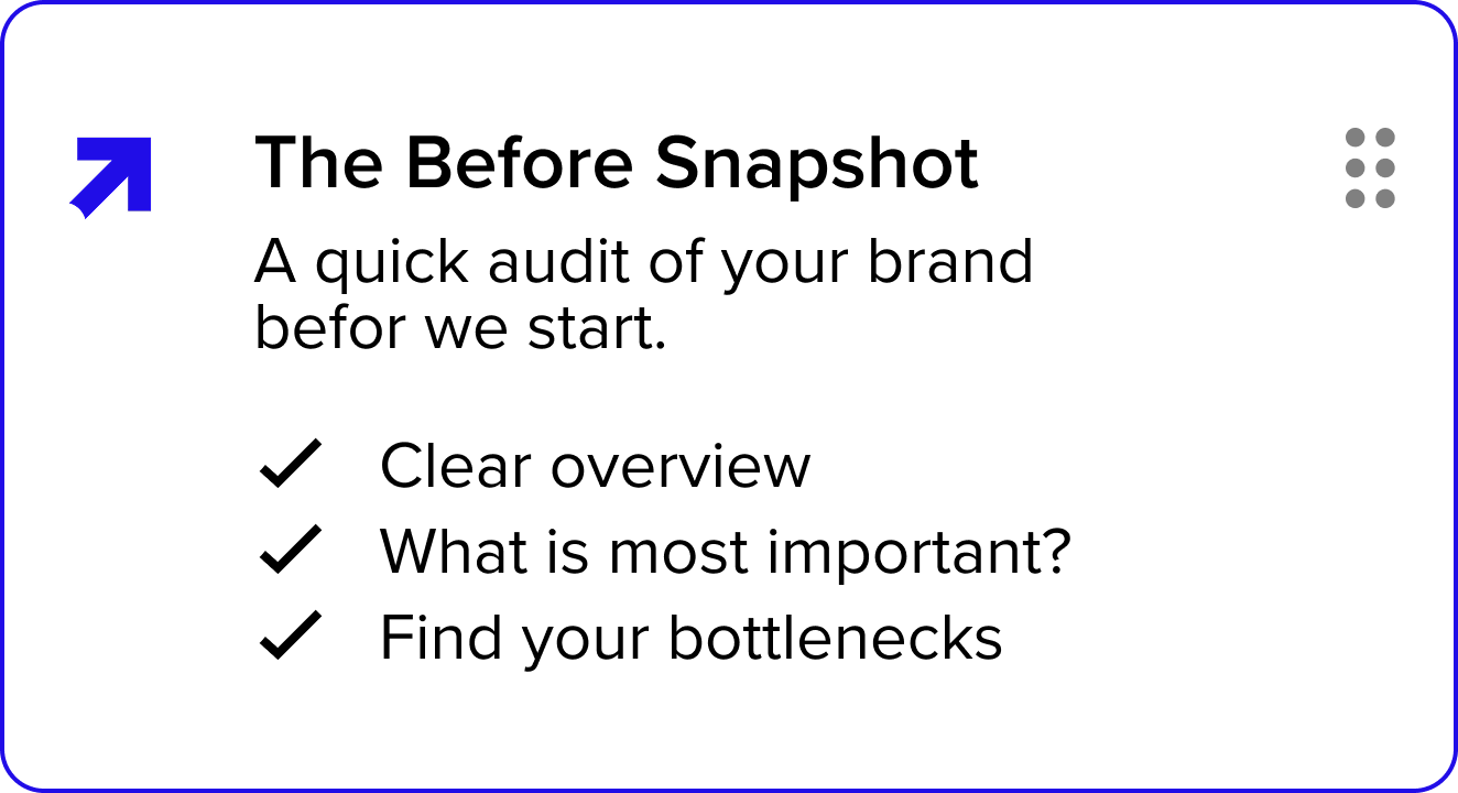 Slide from a presentation titled 'The Before Snapshot' with bullet points listing steps for a brand audit, including 'Clear overview,' 'What is most important,' and 'Find your bottlenecks.'