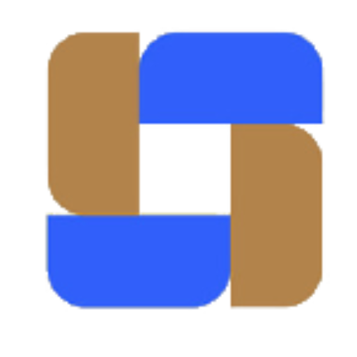 Forme abstraite composée de rectangles et de coins arrondis en bleu, beige et blanc.