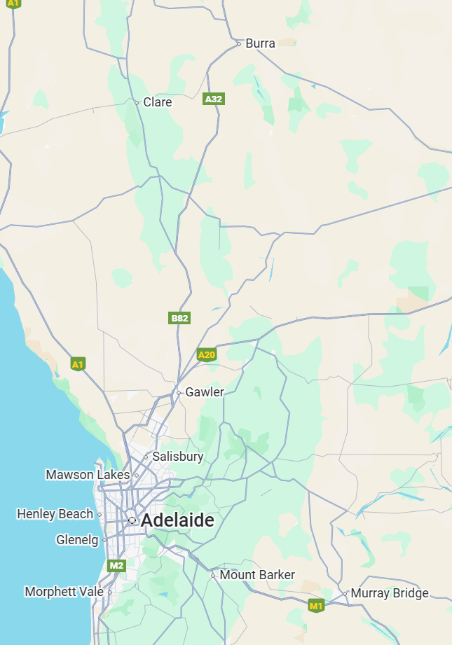 Building Inspections around Adelaide, South Australia, including Salisbury, Mawson Lakes, Henley Beach, Glenelg, Morphett Vale, Mount Barker, Murray Bridge, Gawler, Clare, and Burra, with major roads like A1, A20, A32, B82, M2, and M1.