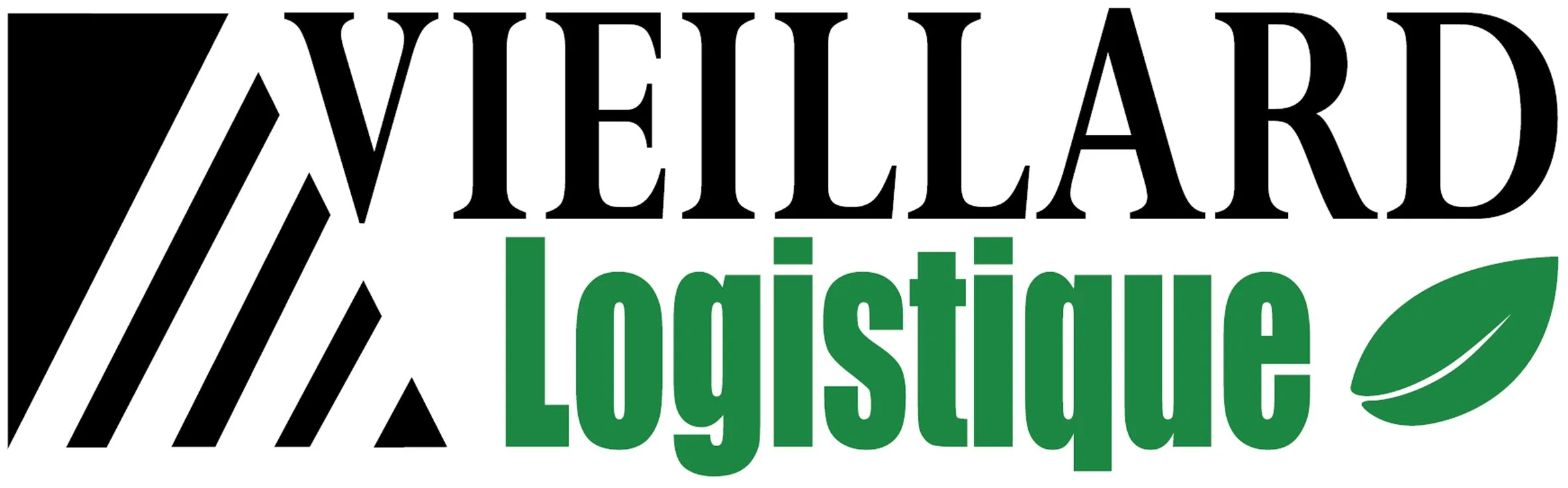 Logo de l'entreprise VIEILLARD LOGISTIQUE, avec un design incluant des lignes noires, du texte en noir et vert, et une feuille verte stylisée.