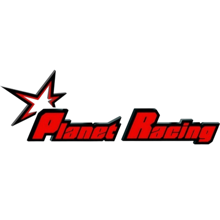 Logo avec une étoile rouge et noire suivie du texte 'Planet Racing' en lettres rouges avec une ombre noire.