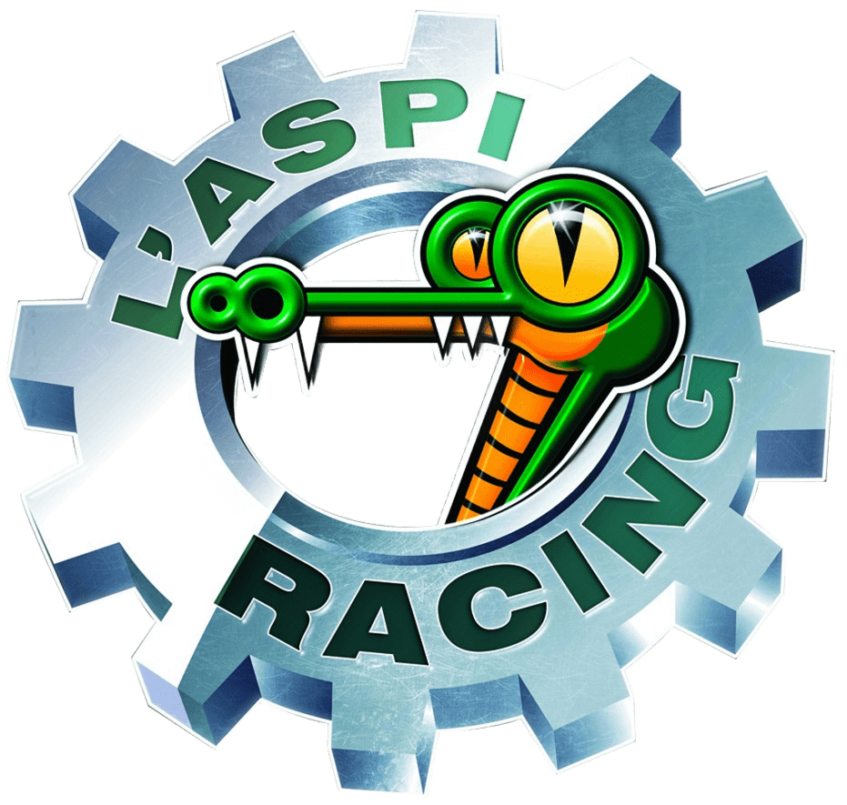 Logo 'un organisme de roulage moto avec un dragon stylisé, des engrenages et le texte 'Laspi Racing'.