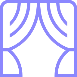 Ciel avec des nuages violets et une silhouette de fenêtres de théâtre ou de scène avec des rideaux violets.