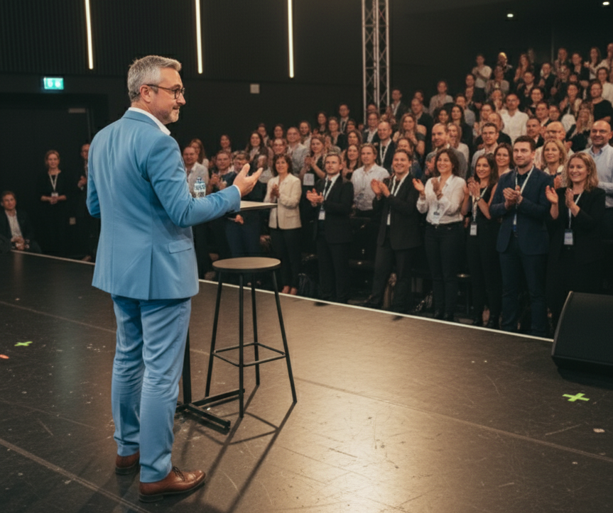 Jerome Viro sur scène, applaudi lors d’une conférence sur la décision et les biais en réunion.