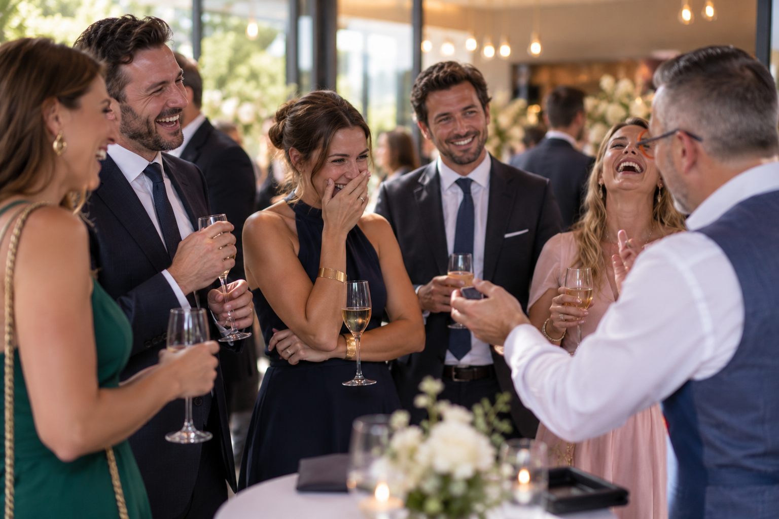 Invités surpris par une démonstration de mentalisme lors d'un cocktail