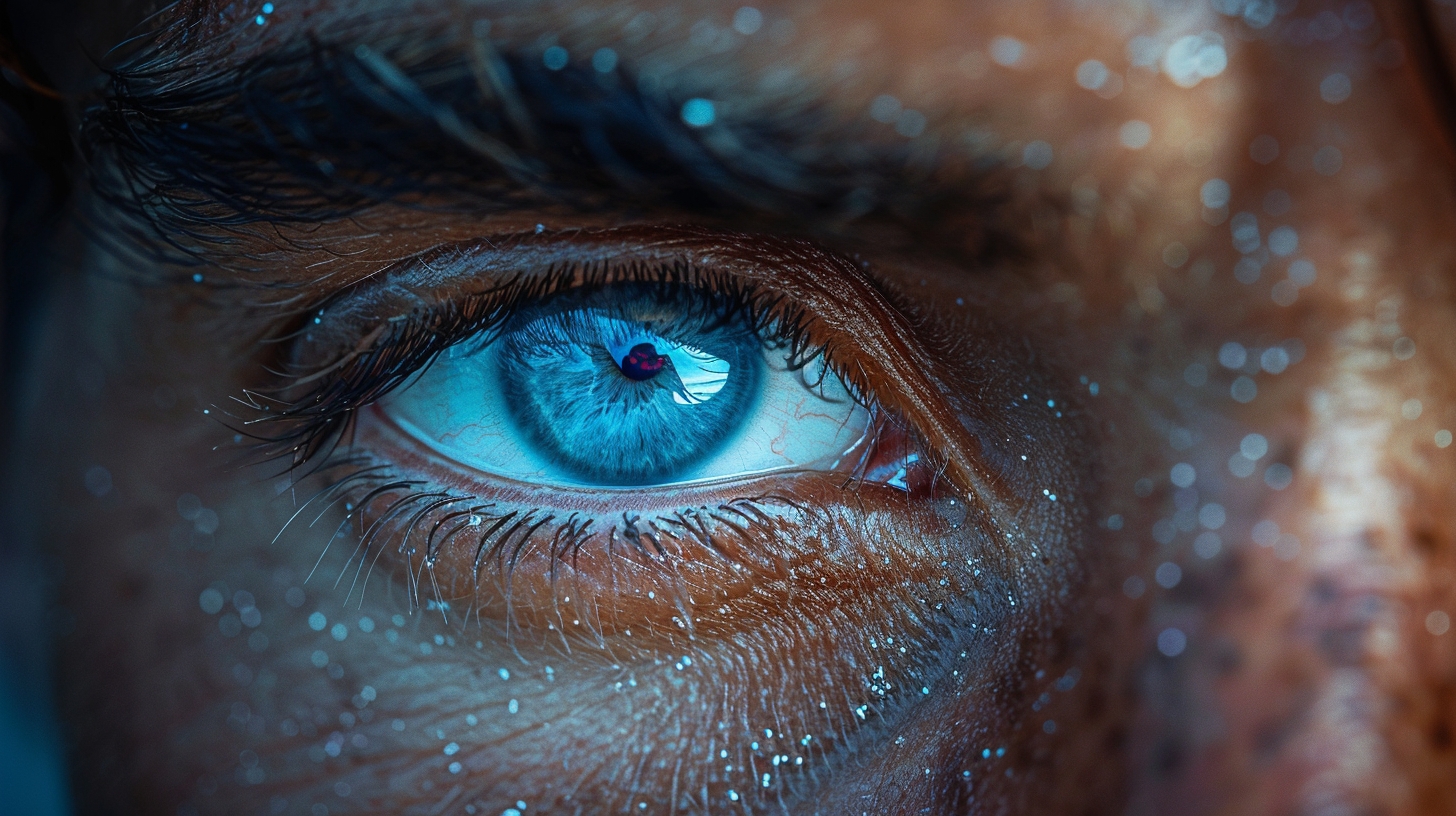 Artistic close-up of an eye looking into the camera, illustrating “The Lens” and mentalism, by Jerome Viro.