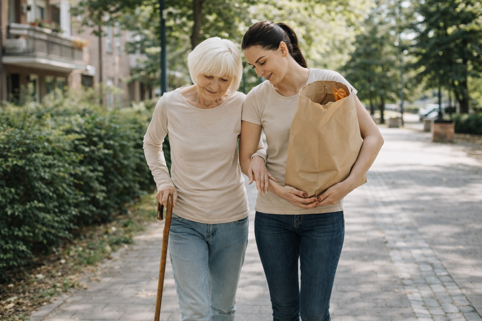 A young woman helping an elderly woman walk outdoors on a sidewalk in a park-like setting, carrying a brown paper bag with groceries.