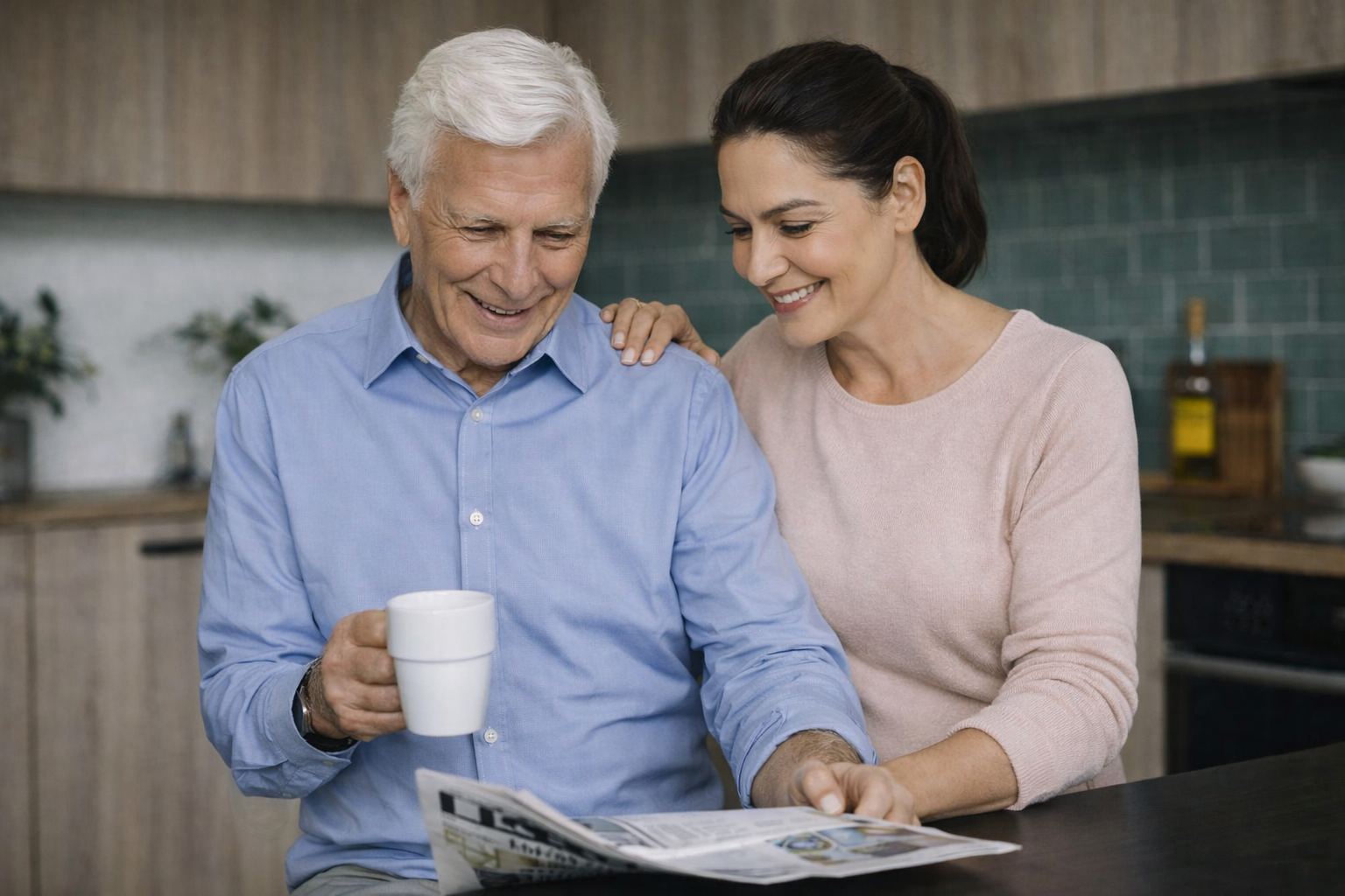 An elderly man with white hair and a woman with dark hair smiling while looking at a newspaper in a kitchen, the man holding a white mug.
