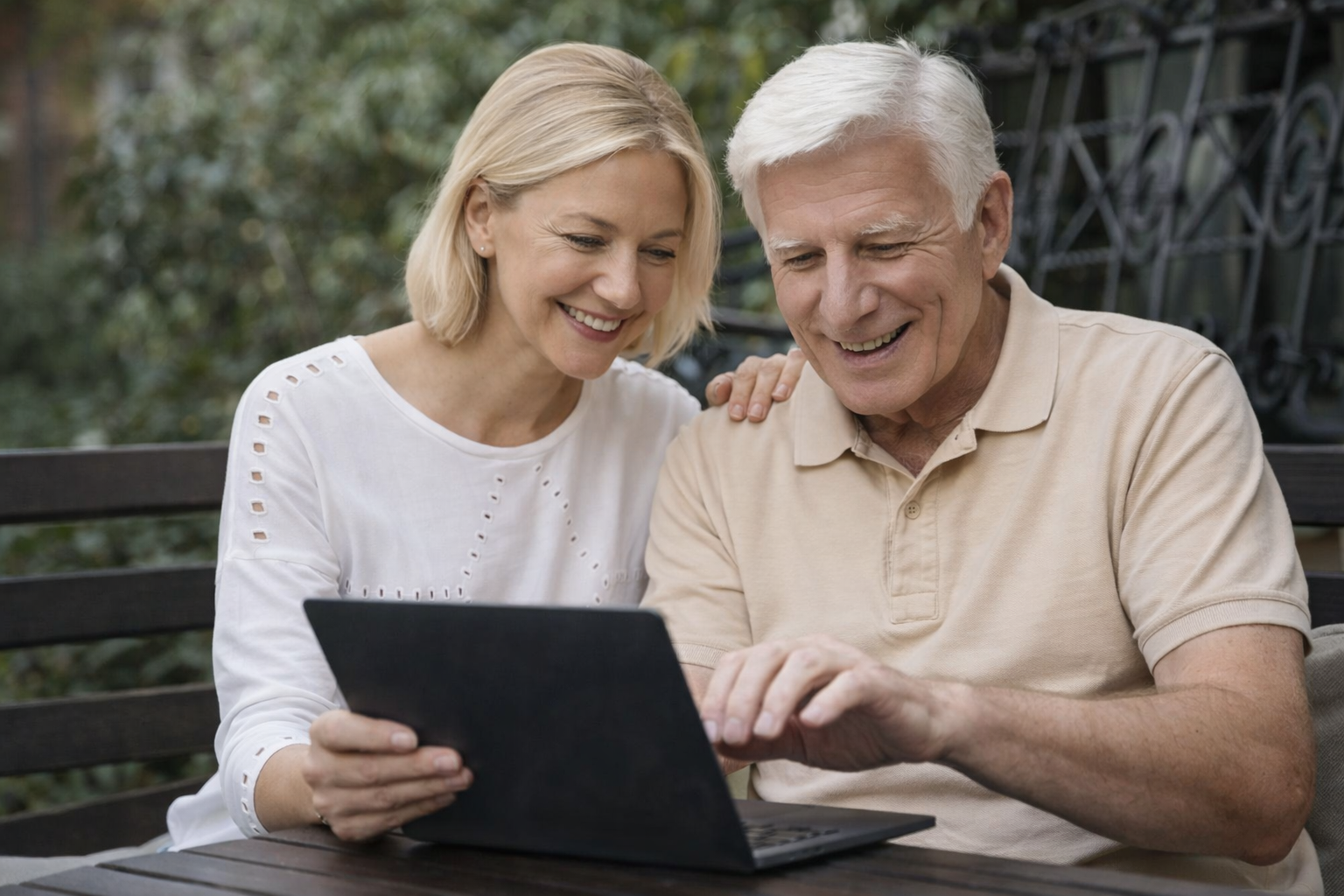 A smiling middle-aged woman and elderly man sitting on a park bench outdoors, looking at a tablet together.