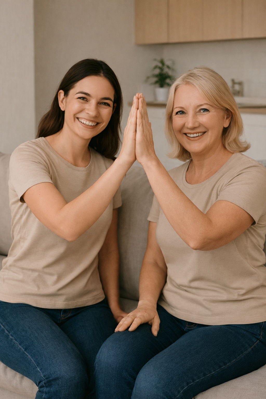 Two women, an older woman and a younger woman, sitting on a couch and giving each other a high five, smiling at the camera.