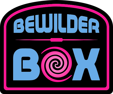 A logo with the words 'BEWILDER BOX' in blue and pink colors, with a pink spiral design inside the letter 'O'.
