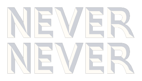 Text in bold, three-dimensional style reading 'NEVER NEVER' in white with gray shadowing against a black background.