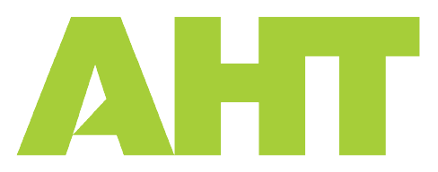 Bold green text spelling 'AHT' on a black background.