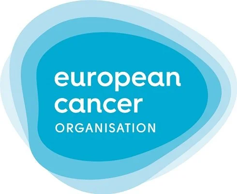 Logo of the European Cancer Organisation with blue overlapping shapes and white text.