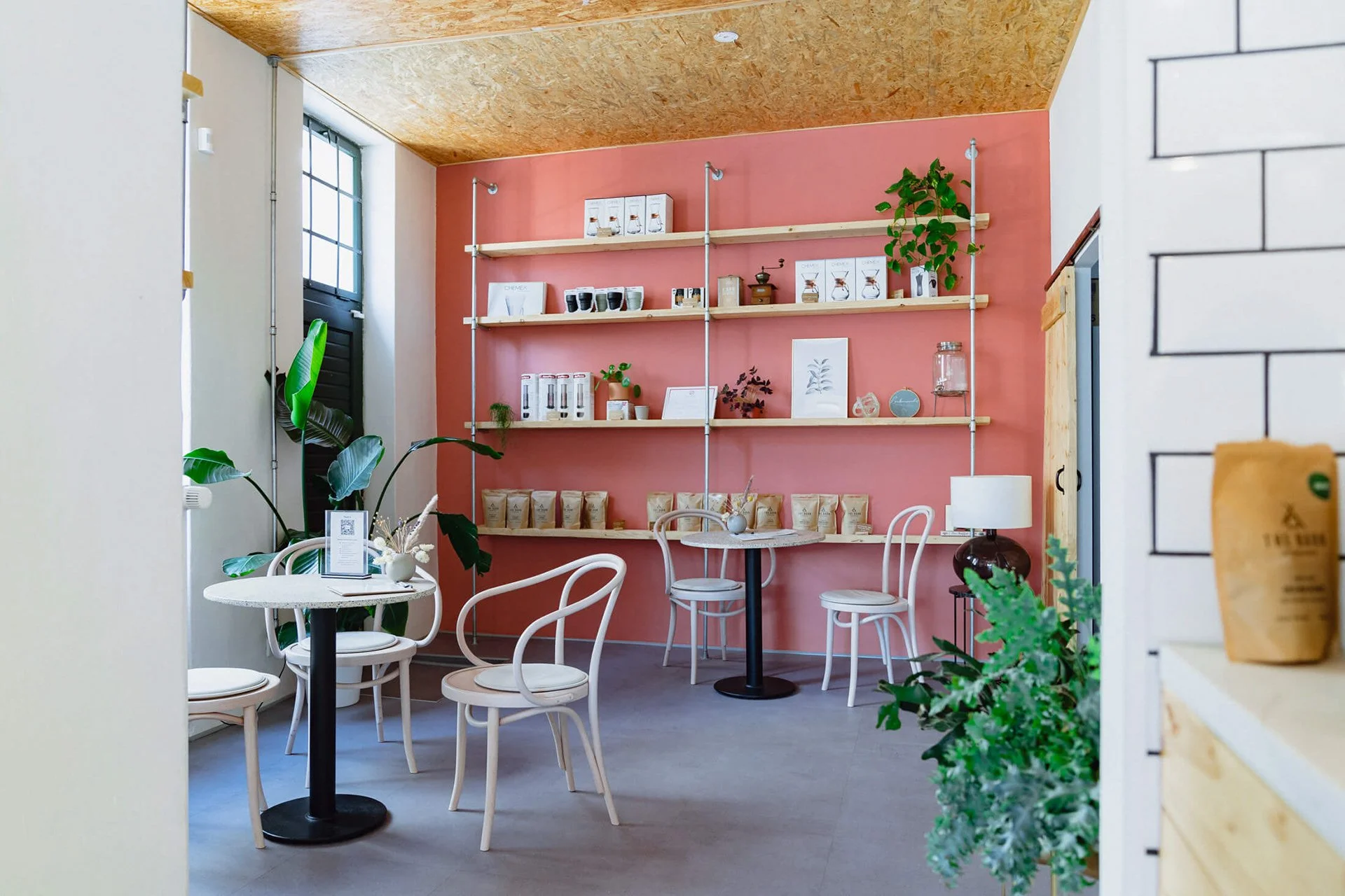 Gemütliches Café mit weißen Tischen und Stühlen, rosa Wand mit Holzregalen, grüne Pflanzen, großer Fenster. Dezentes, modernes Dekor.