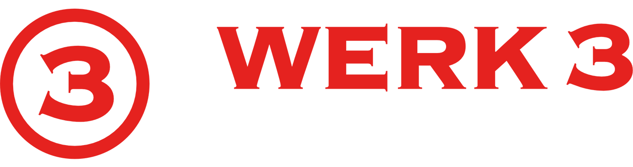 Logo der Werbeagentur Werk 3 mit rotem Kreis und schwarzem Hintergrund, Text in rot und weiß.