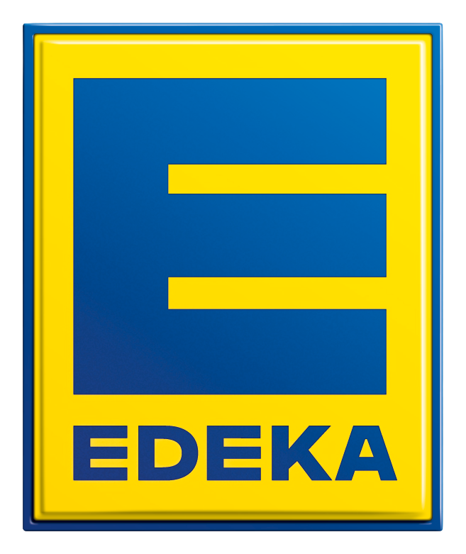 Logo von Edeka, einem deutschen Einzelhandelsunternehmen, bestehend aus einem blauen Rechteck mit einem großen gelben E und dem Namen 'EDEKA' darunter.