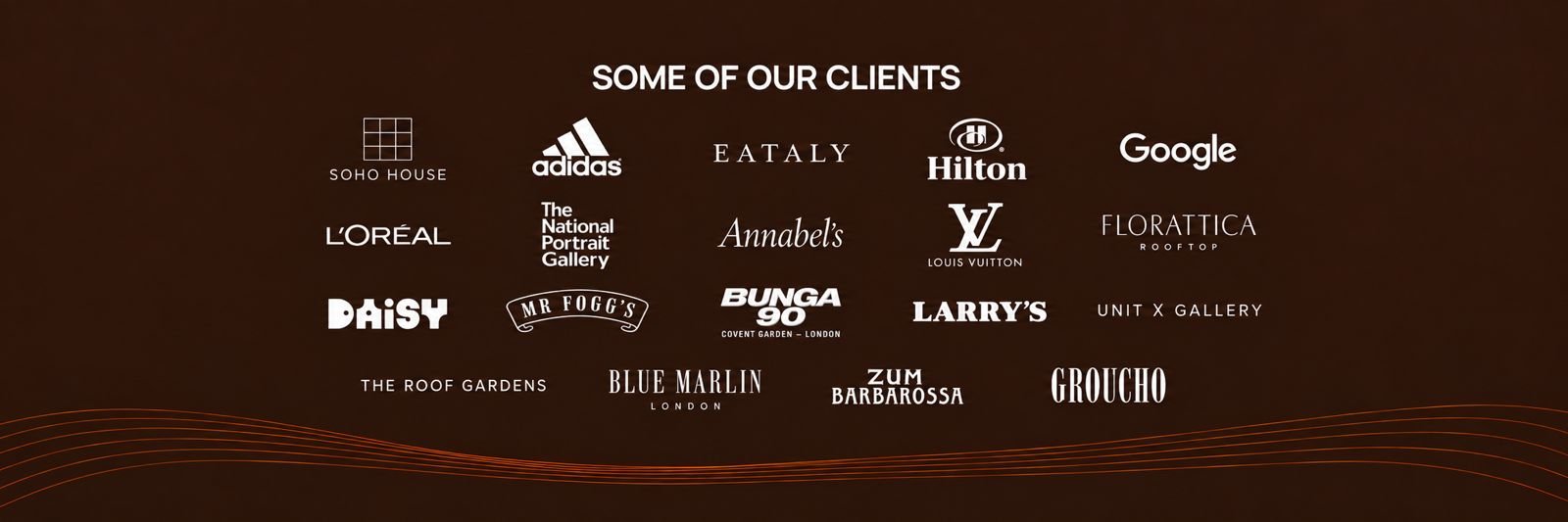 A list of various client logos and names on a dark background, titled 'Some of Our Clients.'
