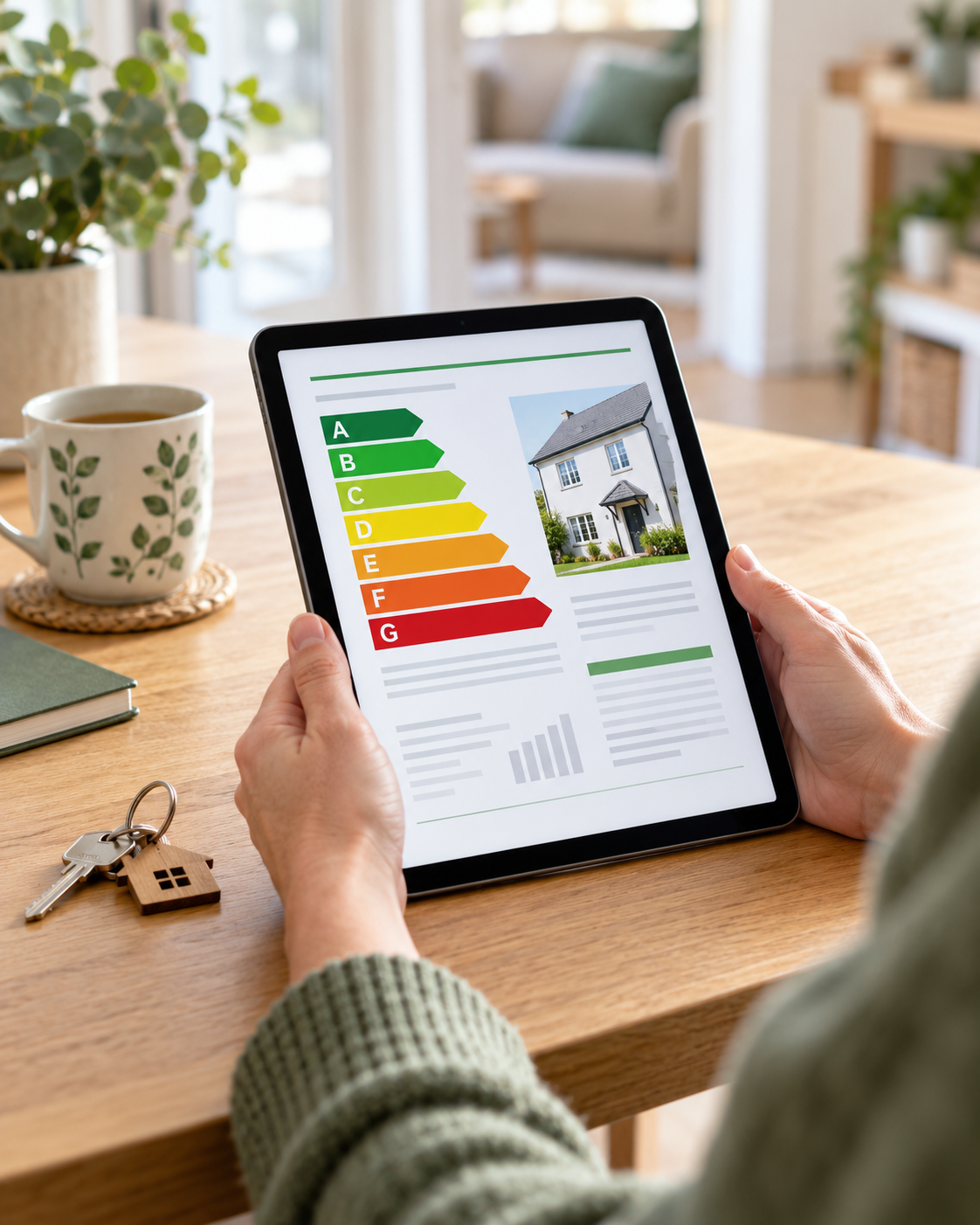 Person holding a tablet showing an energy efficiency report with a house image and an energy rating scale