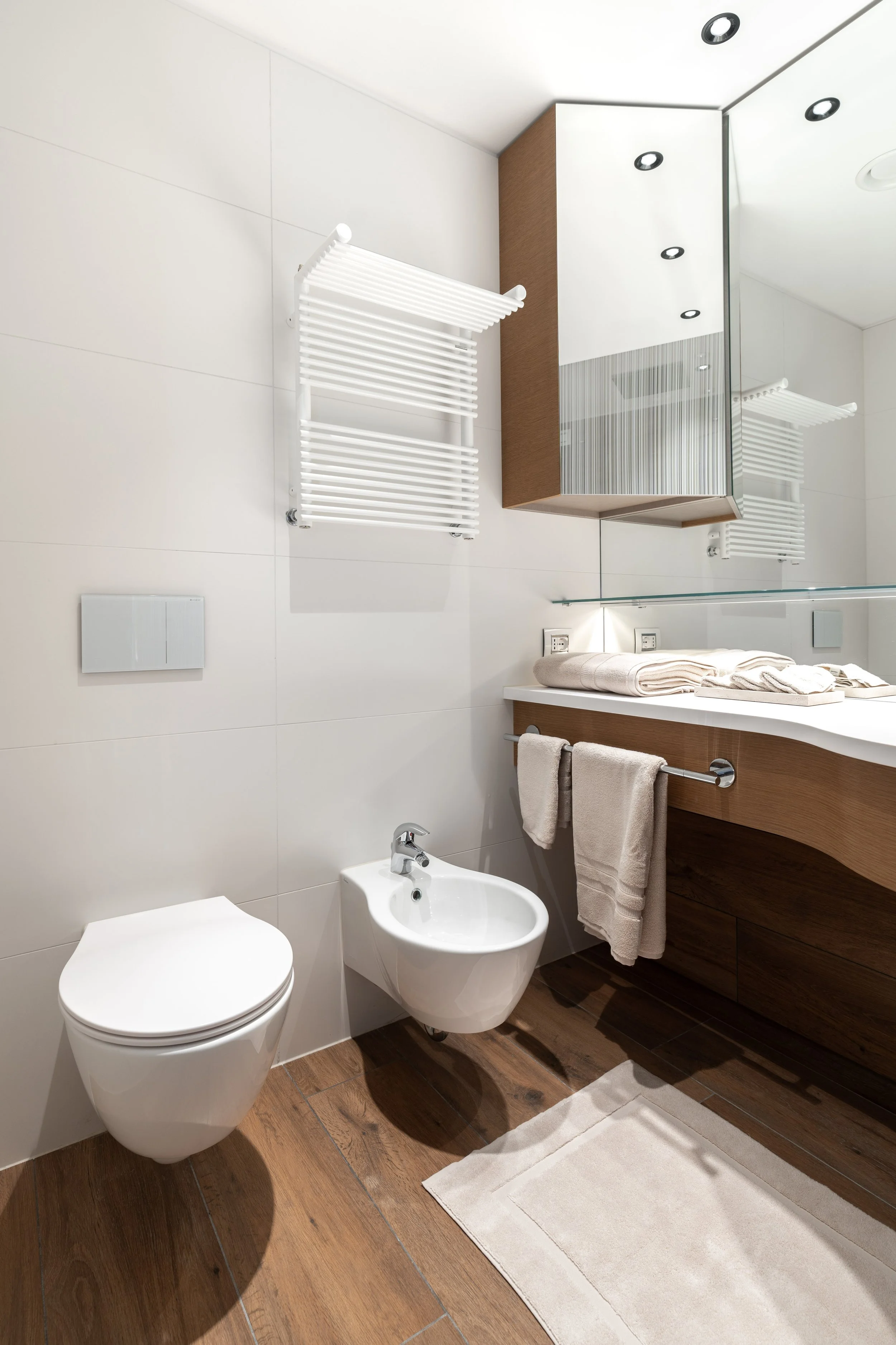 Bagno moderno con WC e bidet, specchio con armadietto, asciugamani su barra, asciugamano riscaldato a parete, lavabo con accessori, pavimento in legno chiaro e tappeto beige.