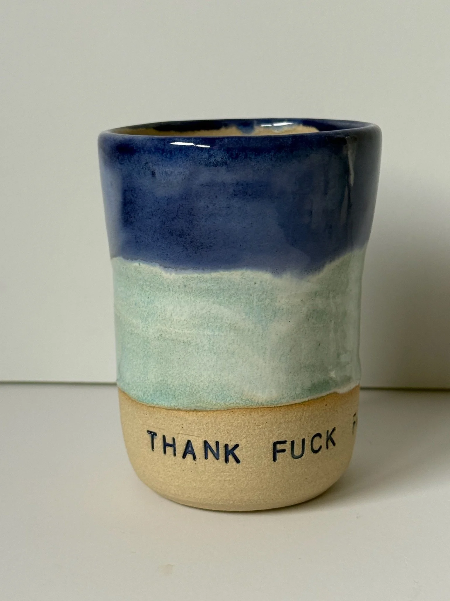 A ceramic mug with a blue, green, and beige color pattern, inscribed with the words "THANK F***" on the beige base.