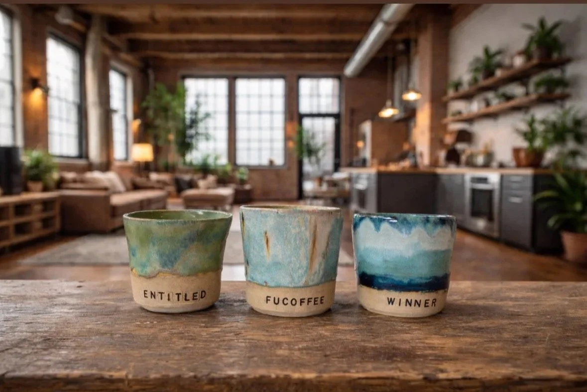 Three handmade ceramic cups with watercolor-style glazes and handwritten labels reading 'ENTITLED,' 'FUCOFFEE,' and 'WINNER,' placed on a rustic wooden table in a cozy, modern loft-style kitchen and living space with large windows, plants, and wooden shelving.