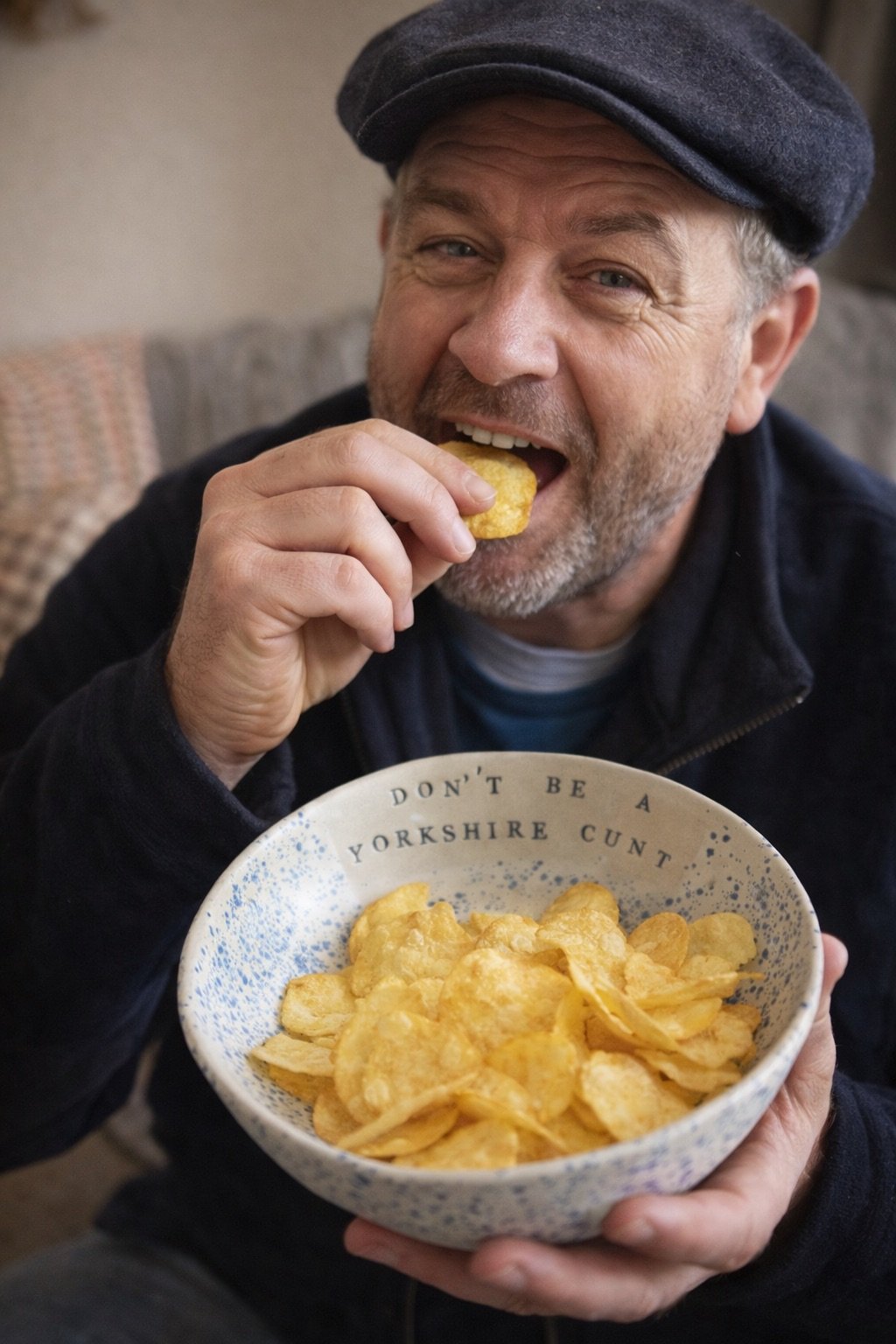 A man wearing a black cap and dark jacket is eating a potato chip from a bowl. The bowl has a phrase that says 'Don't be a Yorkshire Cunt' on the rim and is filled with potato chips. The man appears to be enjoying himself.