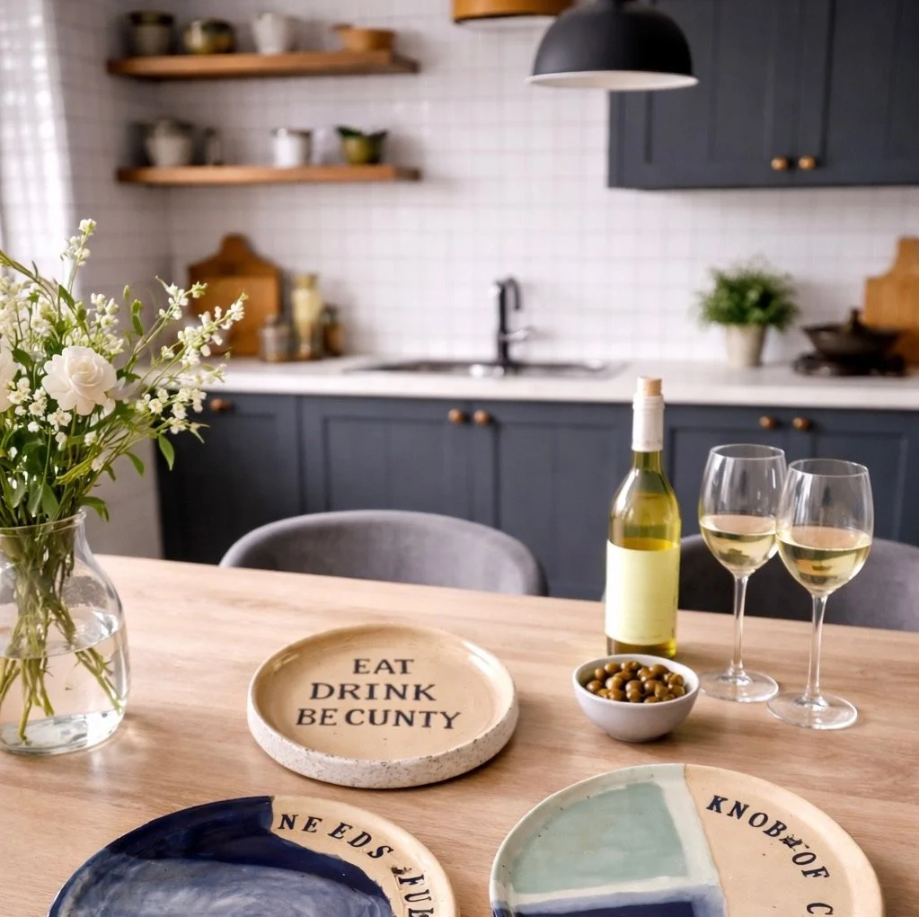Table set with a vase of flowers, two wine glasses filled with white wine, a bottle of white wine, a small bowl of green olives, and decorative plates with text, in a modern kitchen with dark cabinets and open shelves.