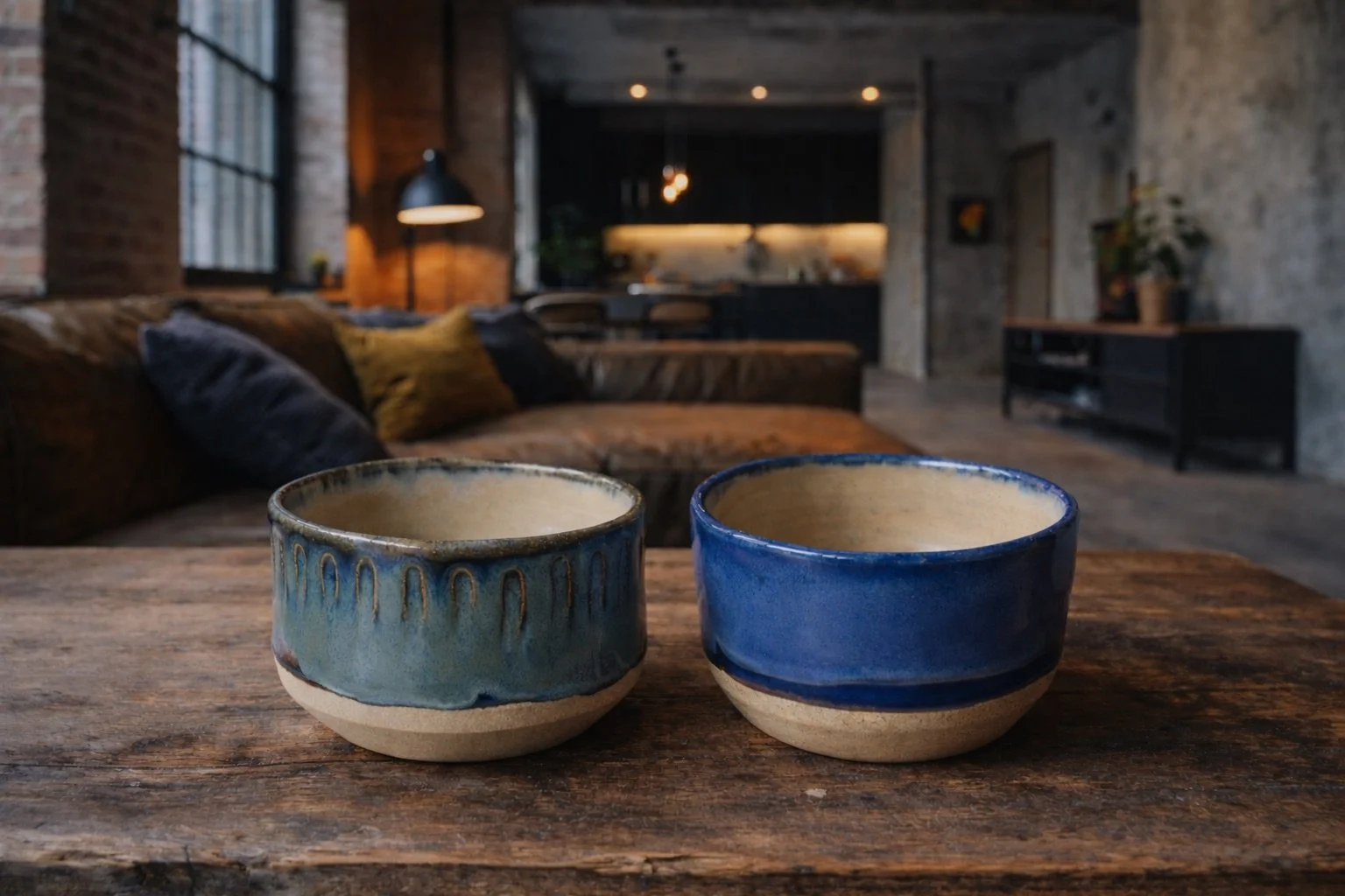 Two ceramic cups with a rustic design and glaze sit on a wooden table in a cozy, industrial-style living room with exposed brick walls and a sofa with cushions in the background.