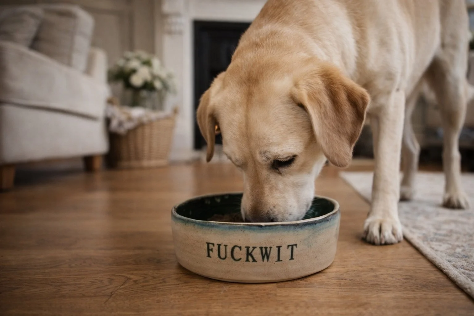 A dog with light fur eating from a ceramic bowl on a wooden floor inside a home. The bowl has the word 'FUCKWIT' printed on it.