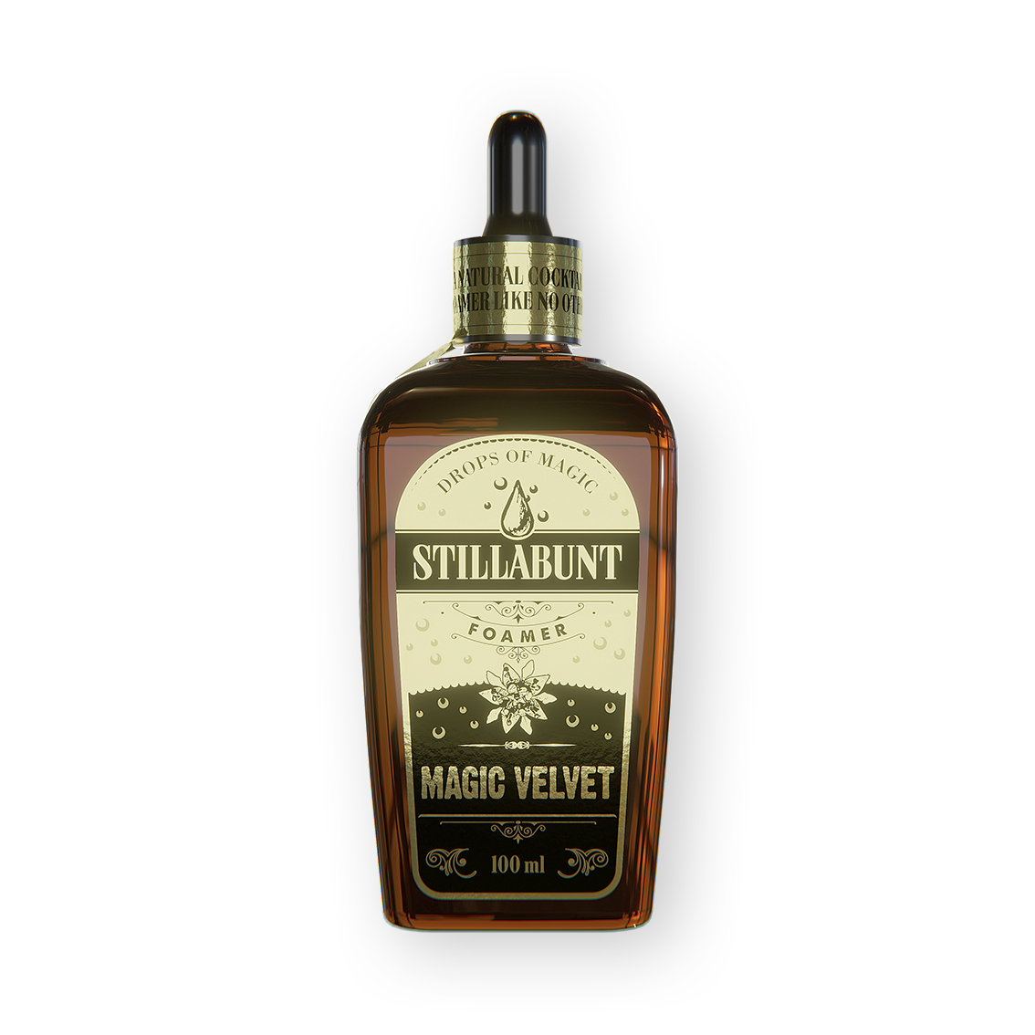 A brown glass bottle of Stillabunt Foam with a dropper cap, labeled as 'Magic Velvet' and 100 ml.