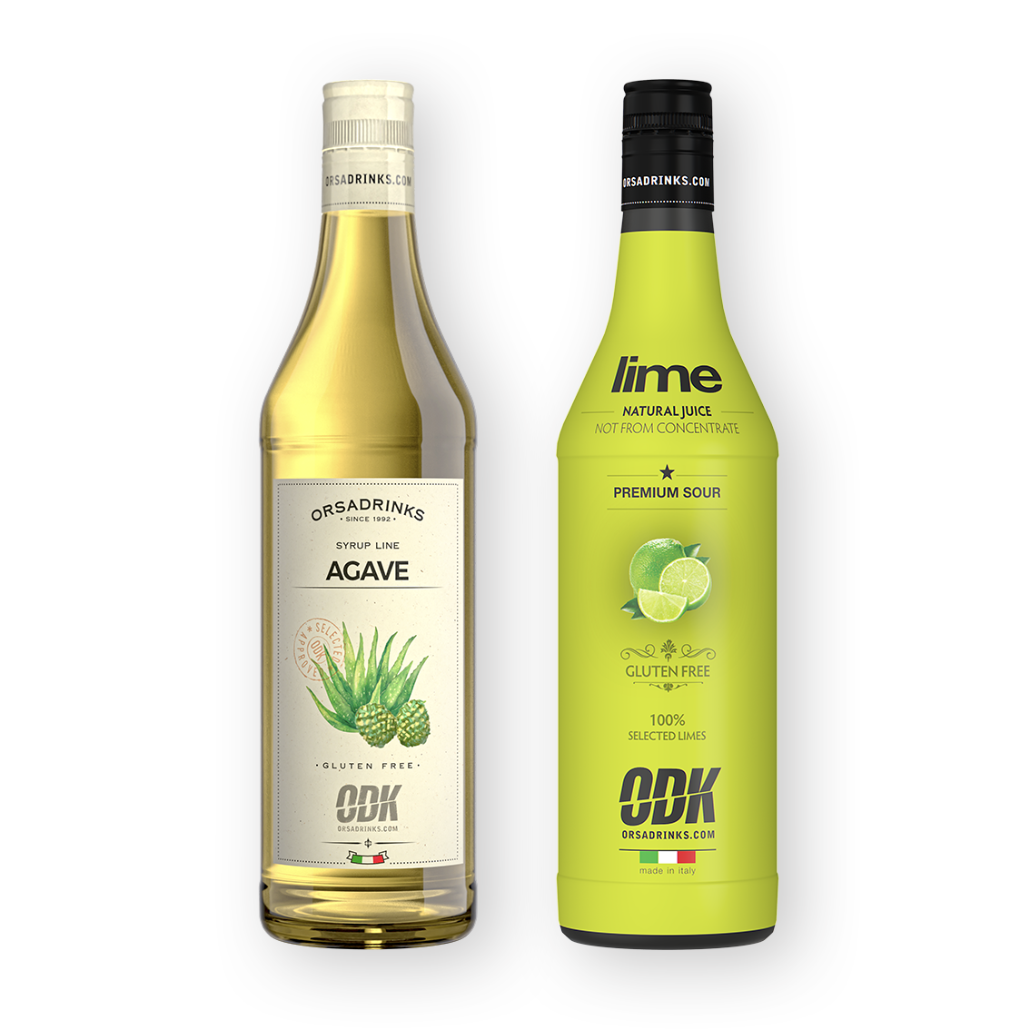 Two bottles of beverage: one with agave syrup and the other with lime mixers.