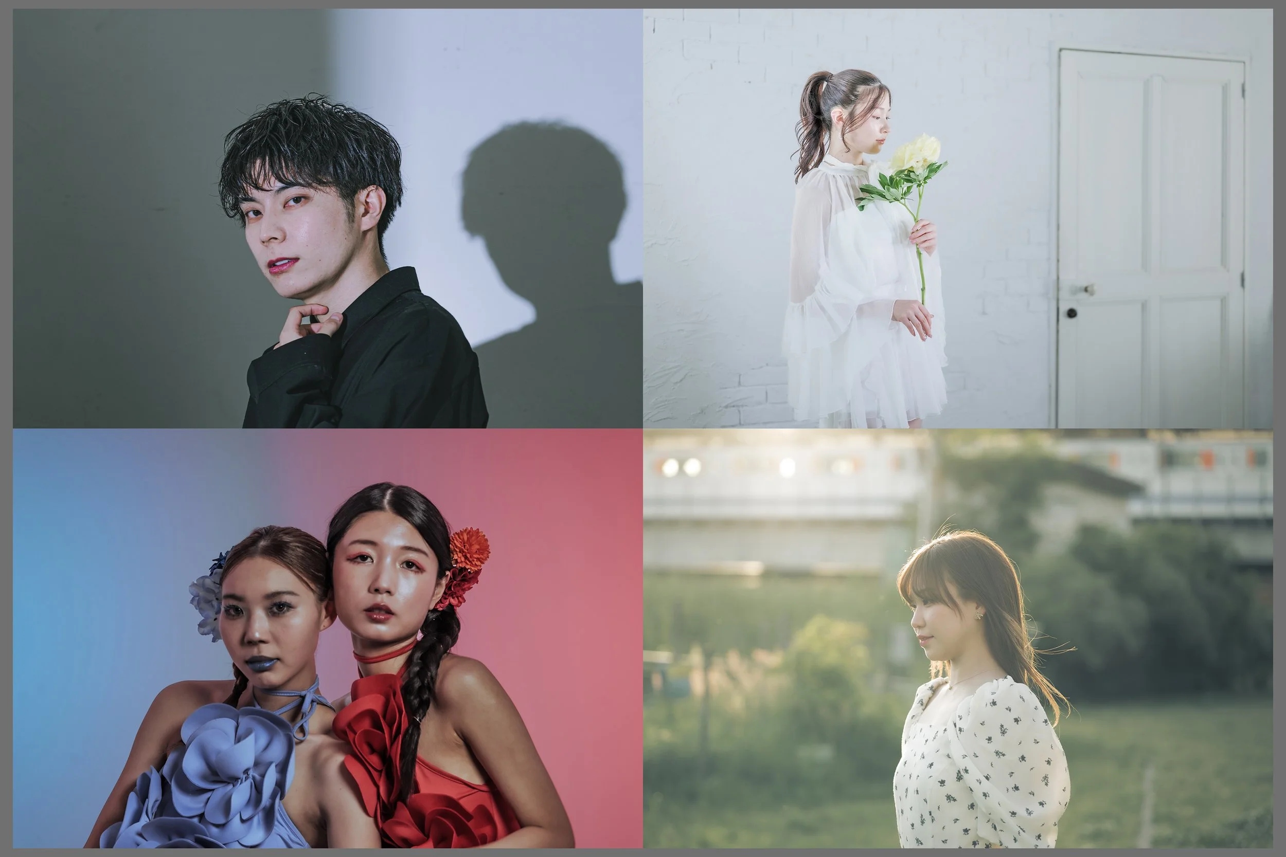四つのポートレート写真：トップ左は黒い服を着た男性、トップ右は白い服を着た女性が花を持ち、白い背景の部屋に立つ、ボトム左は色とりどりのドレスを着た二人の女性、ボトム右は白いドレスを着た女性が屋外の風景を背景に微笑む。